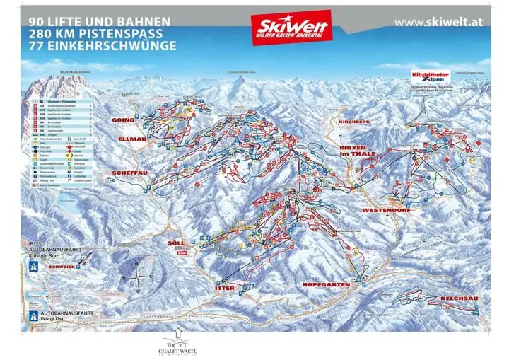 Pistenplan der SkiWelt mit der Lage der Chalets